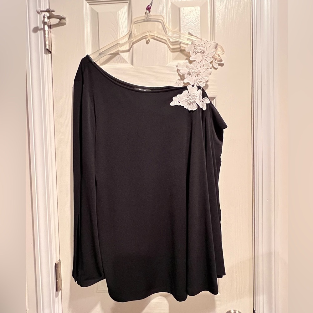 Alfani Off the Shoulder Tunic with Lace Strap and Bell Sleeves in Black